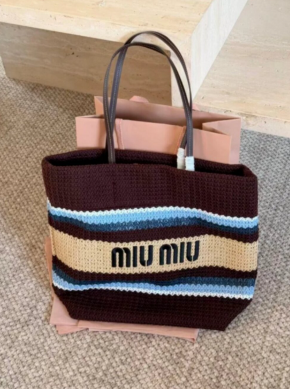 Miu Miu Brown Striped Crochet Tote Bag